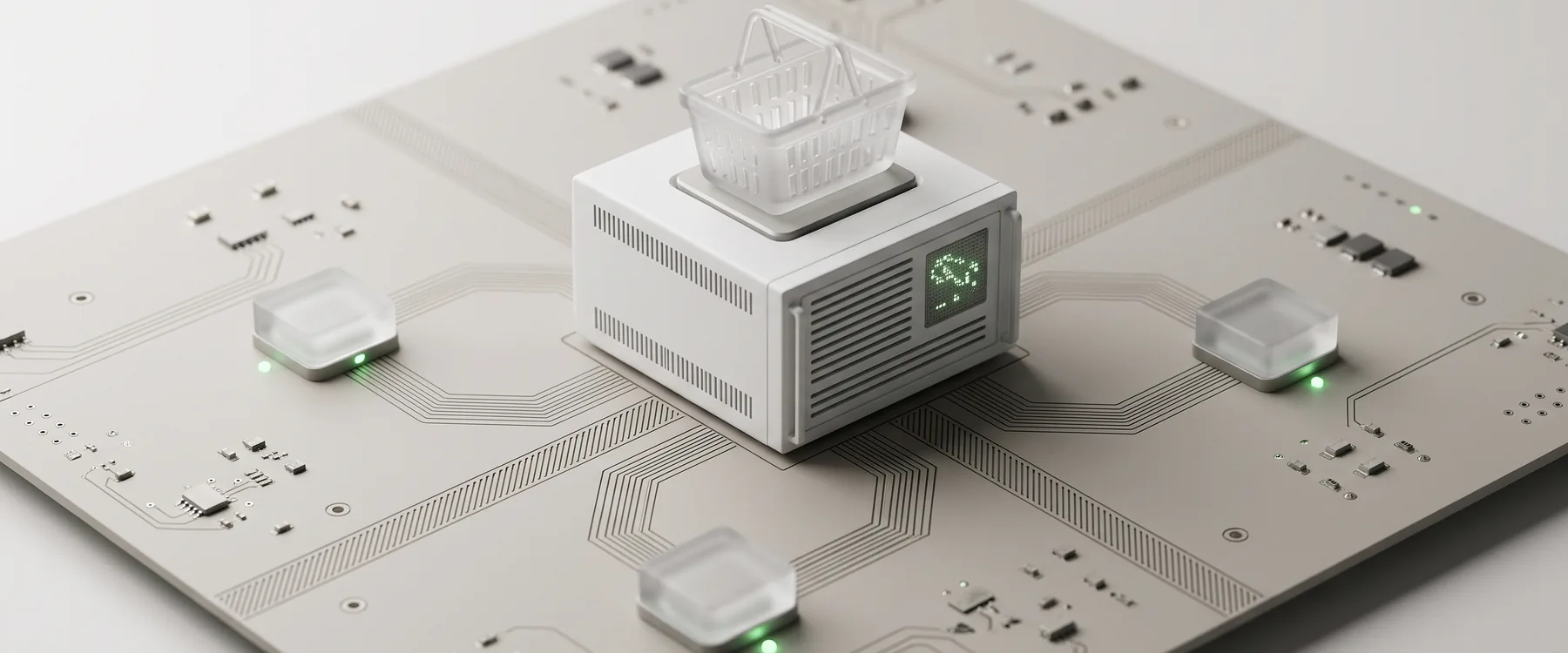 Un serveur blanc au centre d'un circuit, coiffé d'un panier de verre, relié à trois modules dont les voyants sont verts