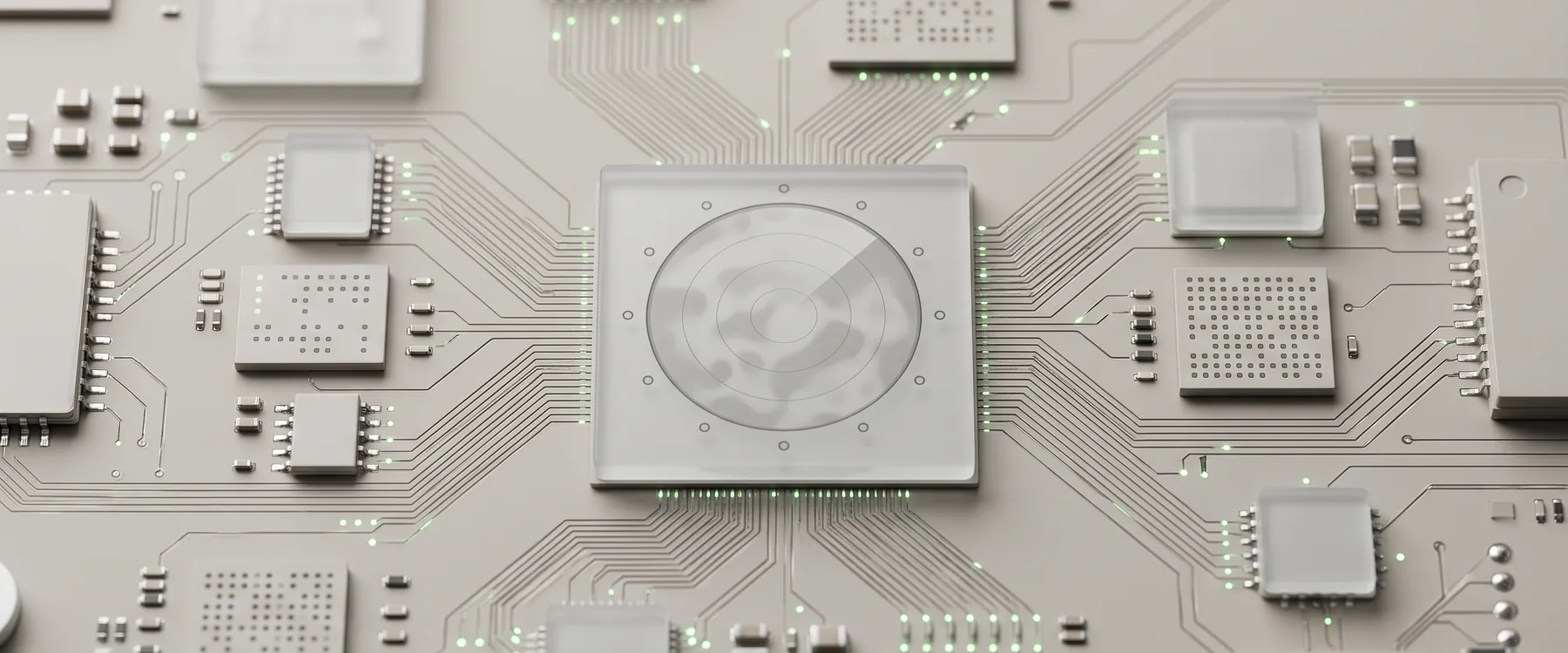 Un radar circulaire entouré de douze points, relié aux nœuds d'un réseau qui brillent en vert